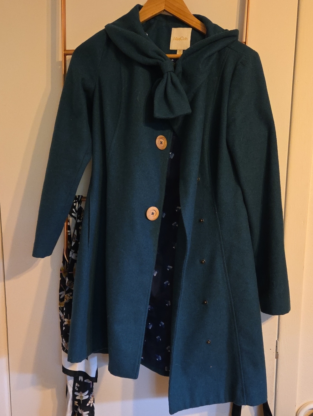 Modcloth Teal Wool Blend Bow Front Coat